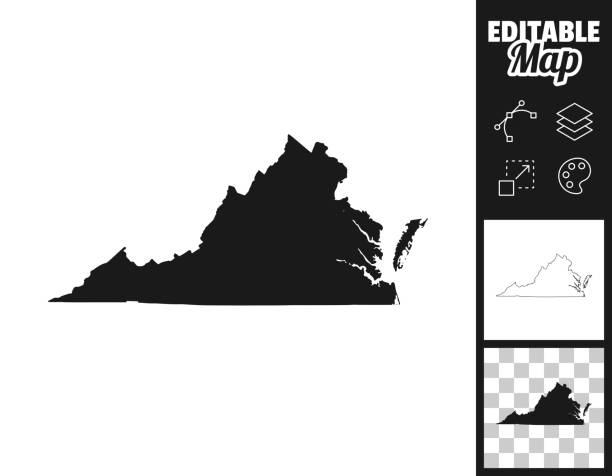 Virginia maps for design. Easily editable Map of Virginia for your own design. Three maps with editable stroke included in the bundle: - One black map on a white background. - One line map with only a thin black outline in a line art style (you can adjust the stroke weight as you want). - One map on a blank transparent background (for change background or texture). The layers are named to facilitate your customization. Vector Illustration (EPS file, well layered and grouped). Easy to edit, manipulate, resize or colorize. Vector and Jpeg file of different sizes. virginia us state stock illustrations