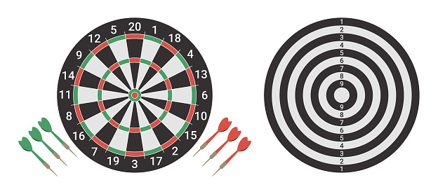 Dart board arrow two side game front and back view. Vector graphic design.