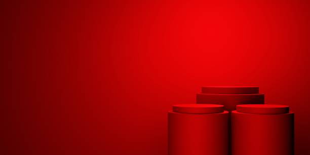 istock 3d rendering of red abstract geometric background with copy space. Scene for advertising, technology, showcase, banner, cosmetic, fashion, business, metaverse. Sci-Fi Illustration. Product display 1422981421