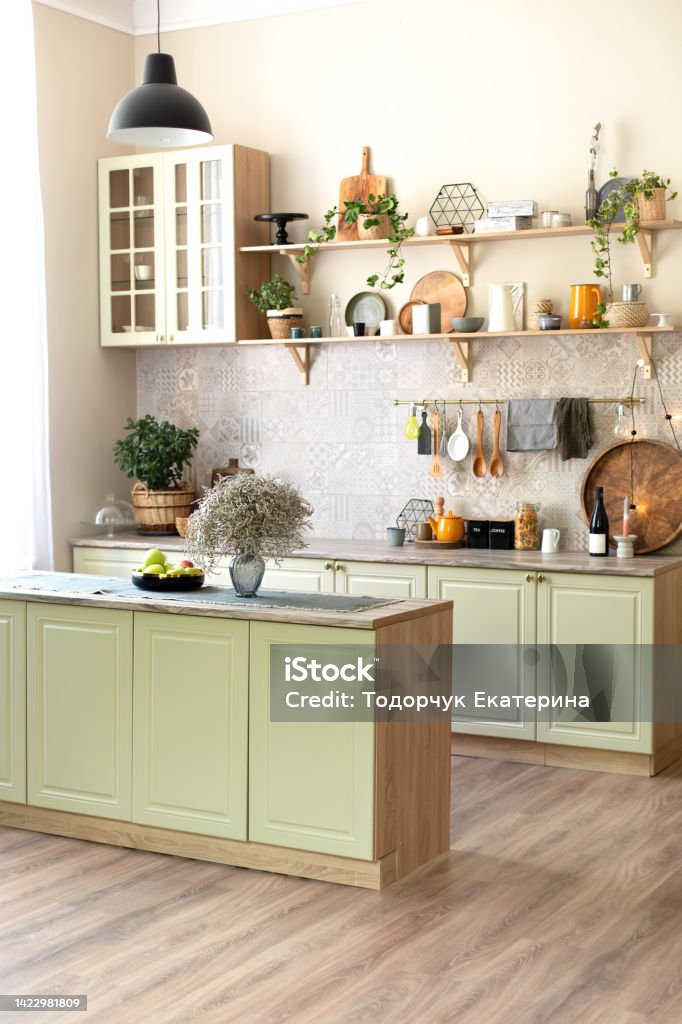 Green Wooden Kitchen Interior With Wooden Shelf And Cozy