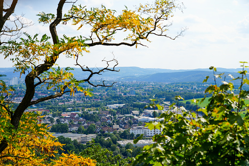 View of the Ruhr area from the Ruhr steep slopes of Hohensyburg and Hagen. landscape on the Ruhr.