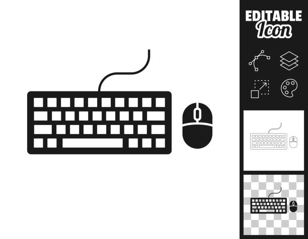 Keyboard and mouse. Icon for design. Easily editable Icon of "Keyboard and mouse" for your own design. Three icons with editable stroke included in the bundle: - One black icon on a white background. - One line icon with only a thin black outline in a line art style (you can adjust the stroke weight as you want). - One icon on a blank transparent background (for change background or texture). The layers are named to facilitate your customization. Vector Illustration (EPS file, well layered and grouped). Easy to edit, manipulate, resize or colorize. Vector and Jpeg file of different sizes. computer keyboard stock illustrations