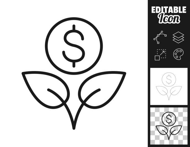 Growing Dollar. Icon for design. Easily editable Icon of "Growing Dollar" for your own design. Three icons with editable stroke included in the bundle: - One black icon on a white background. - One line icon with only a thin black outline in a line art style (you can adjust the stroke weight as you want). - One icon on a blank transparent background (for change background or texture). The layers are named to facilitate your customization. Vector Illustration (EPS file, well layered and grouped). Easy to edit, manipulate, resize or colorize. Vector and Jpeg file of different sizes. coin outline stock illustrations