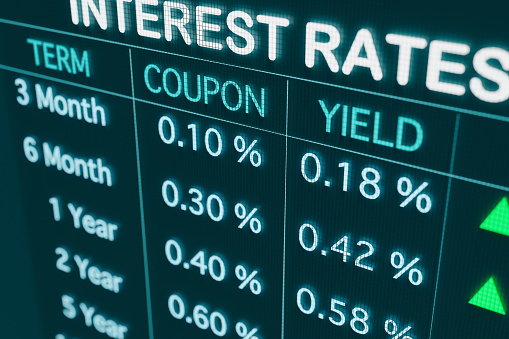 Rising bond yields and rates for saving accounts on the screen. Finance, invest, mortgage rates and stock exchange concept. 3D illustration