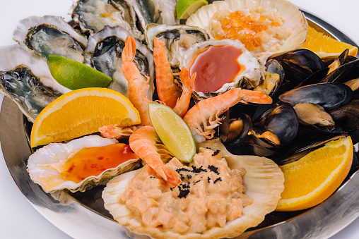 fresh shellfish seafood platter close up