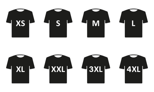 ilustrações de stock, clip art, desenhos animados e ícones de man or woman shirt. t-shirt size silhouette icon set. clothing size label or tag black pictogram. size from xs to 4xl. vector isolated illustration - letter s text alphabet letter t