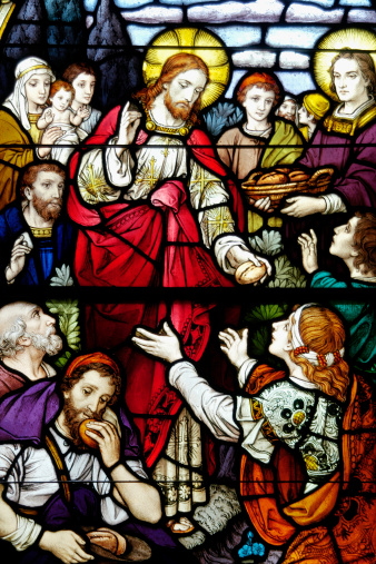 Detail of a beautiful stained glass window from Saint Edward Catholic Church in Palm Springs, Florida, depicting the story of \