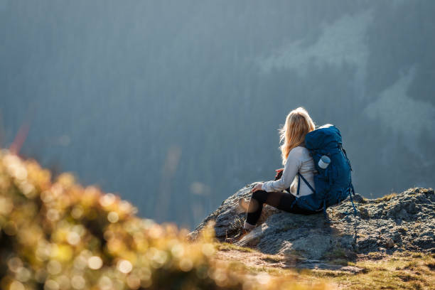 istock Woman with backpack sitting on the mountain peak 1422989173