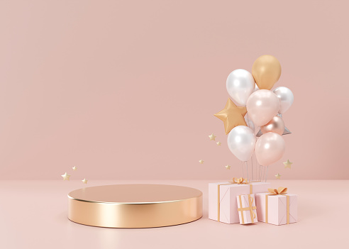 Podium with balloons and presents on pink background. Women's Day, Mother's Day, Wedding, Anniversary, Valentins Day, Birthday. Platform for product, cosmetic presentation. Mock up. 3D rendering