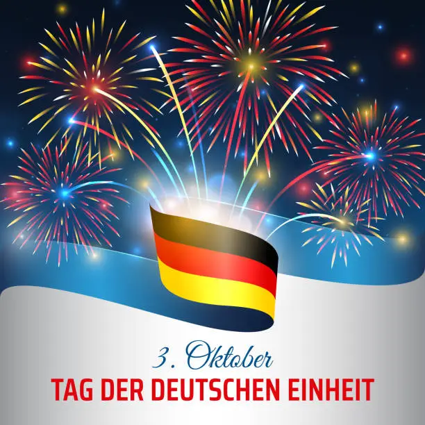 Vector illustration of October 3, german unity day, vector template with flag and colorful fireworks on blue night sky background. Germany national holiday. greeting card. Translation 3 October Day of German Unity