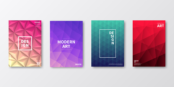 Set of four vertical brochure templates with modern and trendy backgrounds, isolated on blank background. Abstract geometric illustrations in a low poly style. Polygonal mosaics with beautiful color gradients (colors used: Red, Purple, Pink, Orange, Green, Blue, Black, Beige, Yellow). Can be used for different designs, such as brochure, cover design, magazine, business annual report, flyer, leaflet, presentations... Template for your own design, with space for your text. The layers are named to facilitate your customization. Vector Illustration (EPS10, well layered and grouped), wide format (2:1). Easy to edit, manipulate, resize and colorize.