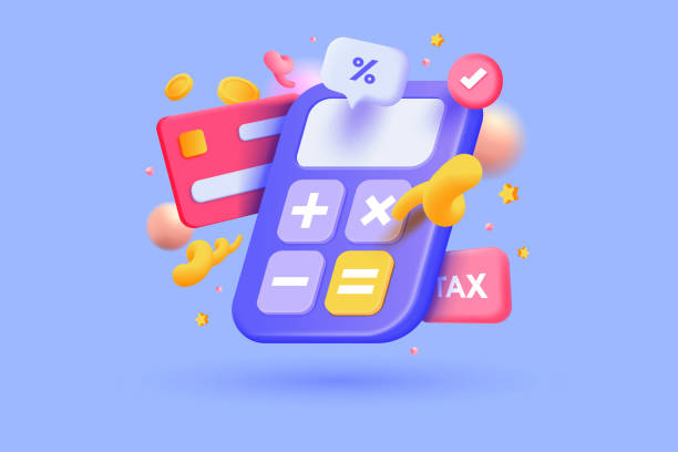 Modern 3d illustration of Calculation concept 3d calculator render concept of financial management. 3d calculating financial risk planning, calculator with money coins and banknote. 3d tax finance on purple background. 3d Vector illustration operating budget stock illustrations