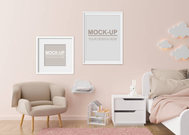 istock Empty picture frames on the wall in modern child room. Frames mock up in contemporary style. Copy space for your picture, poster. Bed, armchair, toys. Cozy room for kids. 3D rendering. 1422992484