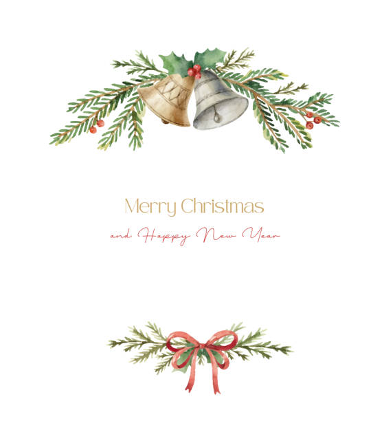 종과 전나무 가지가있는 수채화 크리스마스 벡터 화환. 엽서, 커버, 전단지, 카드 디자인, 새해 초대장, 결혼식을위한 휴일 장식.  흰색 배경에 고립되어 있습니다. - christmas backgrounds gift bow stock illustrations