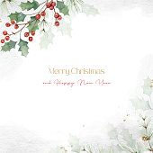 istock Watercolor Christmas vector card with green leaves and holly berries. Universal artistic template for greeting cards, cover, flyer, postcard design, New year invitations, wedding. 1422994743