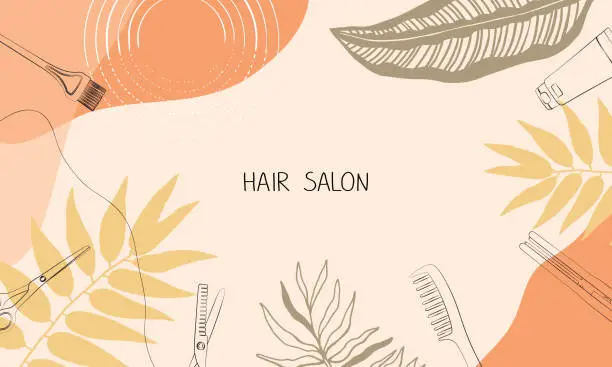 Vector illustration of Frame, border of hairdressing tools. Hair salon accessories outline, comb, scissors and abstraction. Vector illustration, template for design and hairdresser information.