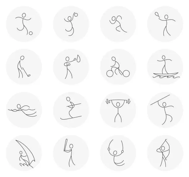 Vector illustration of Sport icons set. Vector outline isolated sports theme signs for web or app. Editable stroke template. Stylized sportsman pictogram, contour doodles people figure