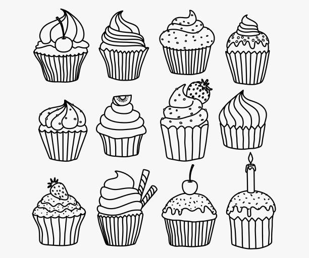 set cupcake yang digambar tangan. - kue mangkok ilustrasi stok