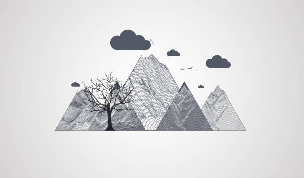 istock Art concept. Abstract mountains with clouds. Silhouette of a tree. 1422997198