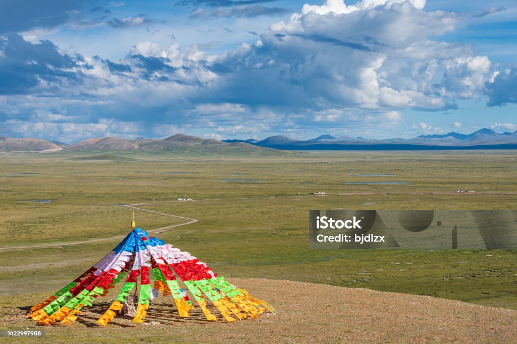Colourful tibetan prayer flags Architecture Stock Photo