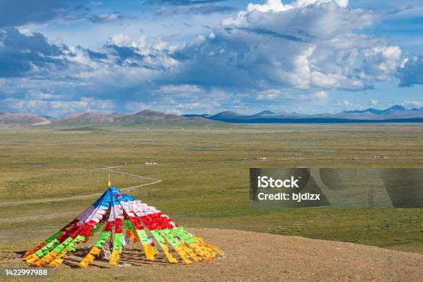 Colourful Tibetan Prayer Flags Stock Photo - Download Image Now - Architecture, Asia, Blue