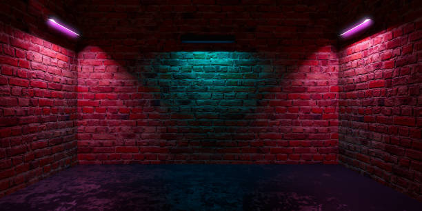 istock Futuristic Sci Fi Elegant Modern Neon Glowing Rectangle  In dark empty grunge concrete brick room. 3D Rendering 1422999565