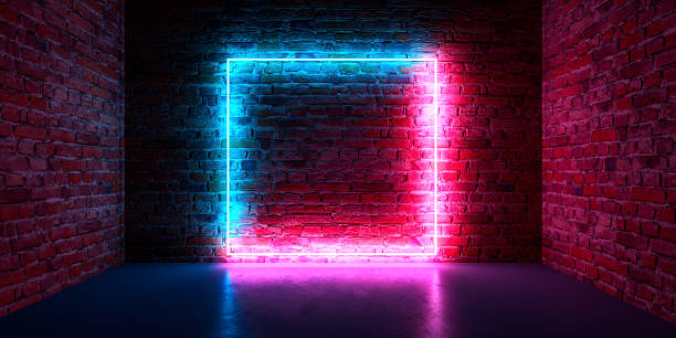 istock Futuristic Sci Fi Elegant Modern Neon Glowing Rectangle  In dark empty grunge concrete brick room. 3D Rendering 1422999651
