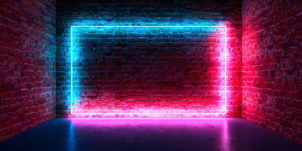 istock Futuristic Sci Fi Elegant Modern Neon Glowing Rectangle  In dark empty grunge concrete brick room. 3D Rendering 1422999716