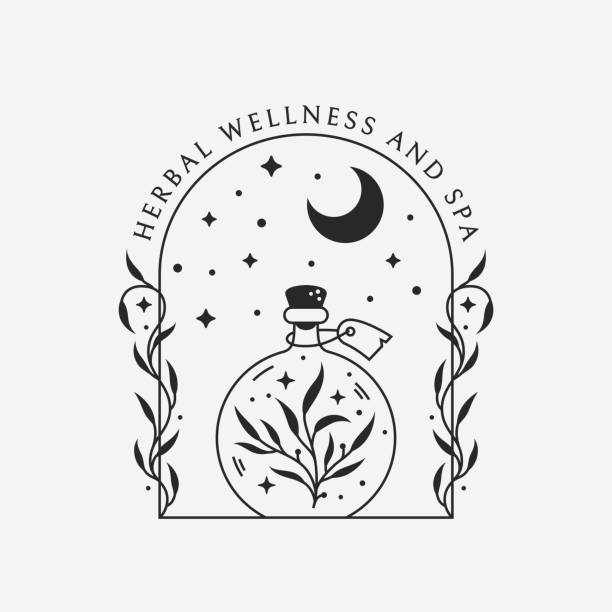 illustrations, cliparts, dessins animés et icônes de logo de potion à base de plantes. emblème boho magique avec bouteille et lune. - ayurveda