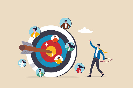 Target audience for advertising, HR finding candidate for job vacancy, finding customer or client, people focus group research concept, businessman shooting bow on people target bullseye.