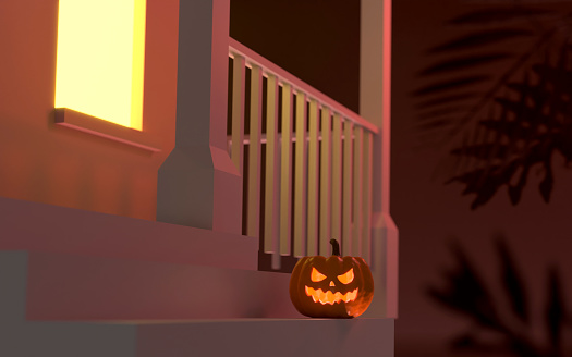 Carved pumpkin for Halloween is sitting on stairs of a house at night in a creepy forest. Easy to crop for all your social media and design need. Halloween concept.