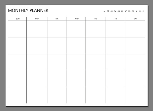 Monthly planner template. Blank notebook page isolated on grey. Business organizer page. Paper sheet