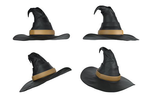 Dour Poses of a Halloween black witch hat sitting on a white background with gold color buckle. Easy to crop for all your social media and design need.