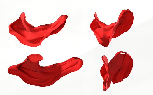 Four Different Poses of a red superhero cape flowing on white background for Halloween and superpower concept.