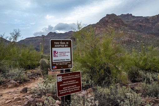 Gold Canyon, AZ, USA - Dec 27, 2021: The Heiroglyphics Mountain Trail