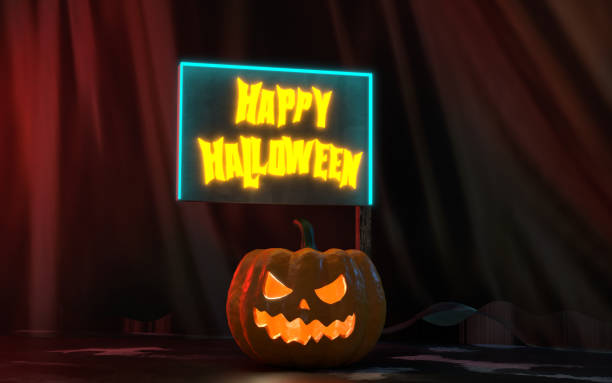 istock Glowing Halloween Party Background Neon Sign and Pumpkin 1423005246