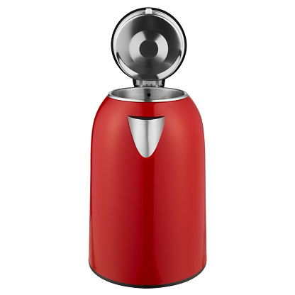 Red electric kettle, with a stainless steel flask, with an open lid, outer plastic trim, on a white background, isolate