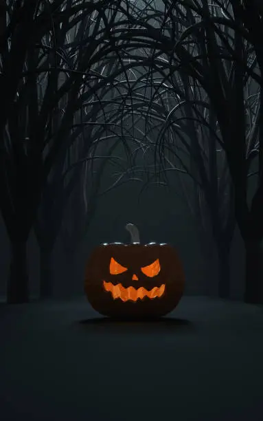 Photo of Spooky Halloween Background with Pumpkin in Dark