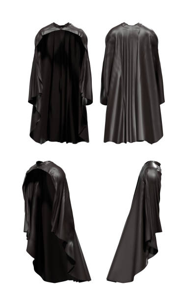 istock Superhero Black Cape is Hanging in Four Different Angles on White Background for Halloween Concept 1423005460