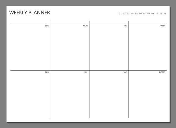 ilustrações, clipart, desenhos animados e ícones de modelo de planejador semanal. página de caderno em branco isolada em cinza. página organizadora de negócios. folha de papel 2 - calendar page book personal organizer