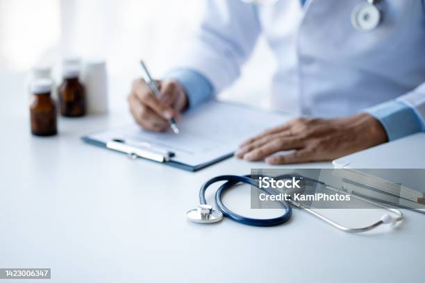 Close Up The Doctors Stethoscope Is Placed On The Doctors Desk In The Hospital Examination Room The Concept Of Treatment And Symptomatic Medication Dispensing By The Pharmacist Stock Photo - Download Image Now