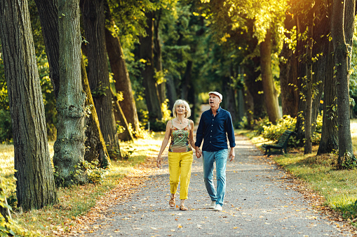 Senior couple walking in public park holding hands. Elegant senior man and woman looking at trees while walking through a public park on a summer day.
