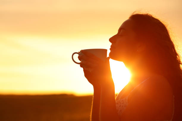 silhouette of a woman smelling coffee at sunset - infuse imagens e fotografias de stock