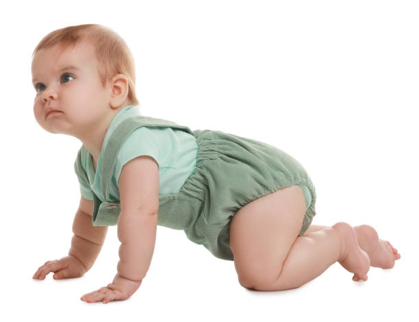 istock Cute little baby crawling on white background 1423008601