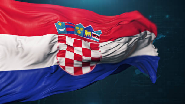 bandera de croacia sobre fondo azul oscuro - croatian flag fotografías e imágenes de stock