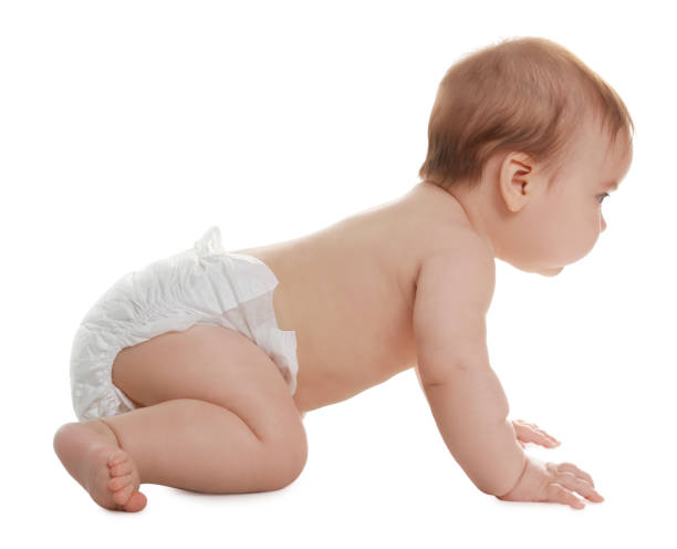 istock Cute little baby crawling on white background 1423008764