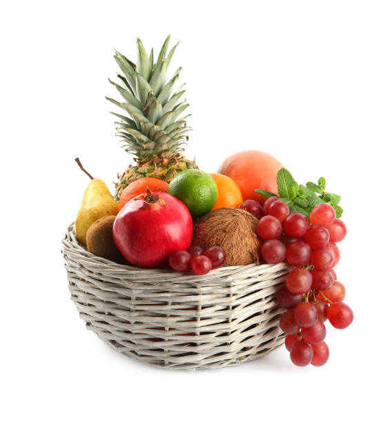 istock Wicker basket with different ripe fruits on white background 1423009491