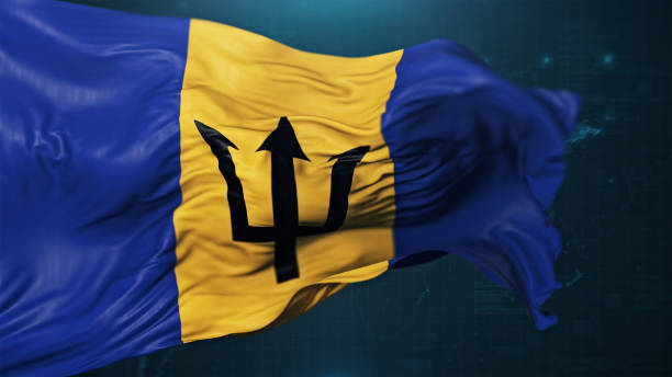 Flag of Barbados on dark blue background. 3D render