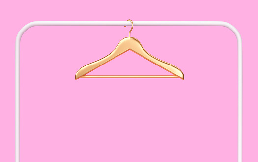 White rack with golden clothes hanger isolated on pink background. 3D rendering