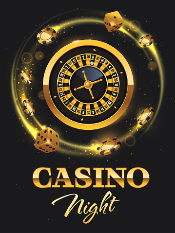 Casino Night flyer illustration with roulette wheel, casino chips and dices. Luxury signboard, poster with realistic casino elements. Vector illustration.
